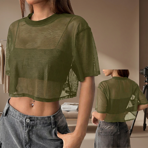 Wholesale Retro Olive Green <b>Mesh</b> <b>Top</b> Casual Streetwear Transparent Fitted Short Sleeve Hand Embroidery 100% Polyester Fashion - Product Image 2