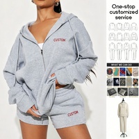 Ensemble de survêtement court personnalisé avec logo pour femme – Sweat à capuche zippé et short 2 pièces pour femme – Tenue de jogging pour femme