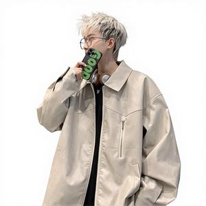 Veste en cuir PU décontractée à patchwork et couleur unie pour homme, streetwear, tendance, fermeture éclair, haut, printemps, automne, vêtements d'extérieur de haute couture - Product Image 2