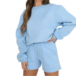 Sudadera Holgada Informal Personalizable con Cuello Redondo, de Algodón de Bambú, con Pantalones Cortos, Conjunto Deportivo para Mujer - Product Image 1