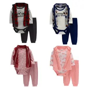 Professional Supplier 3 pieces fall hoodies polar fleece vest outfit cotton knitted romper and pants baby clothing sets(old)