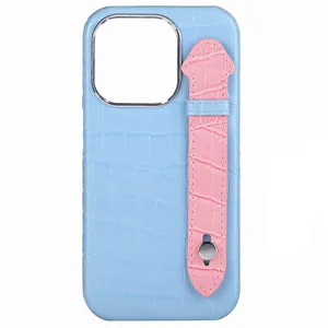 Custom Pu Leather Case Crocodile Pu Leather Phone Cover For IPhone 15 Pro Case With Strap Metal Camera Hole