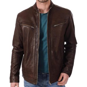 Chaqueta de cuero Cafe Racer para hombre, cuello redondo, corte ajustado, estilo motociclista, para uso casual en invierno. - Product Image 3