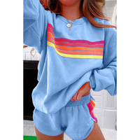 Ensemble assorti 2 pièces rayé arc-en-ciel pour femme, sweat-shirt oversize à col rond et short, tenue décontractée, broderie personnalisée