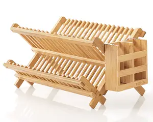 Grande Dobrável Bambu Prato Secagem Rack com Suporte Utensílio para Cozinha Folding Prato Rack sobre a pia Prato Secagem Rack