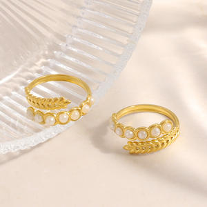 Bague en acier inoxydable de style européen et américain, incrustation de perles, forme d'épi de blé, ouverture réglable, bijoux élégants, cadeau pour femme - Product Image 2