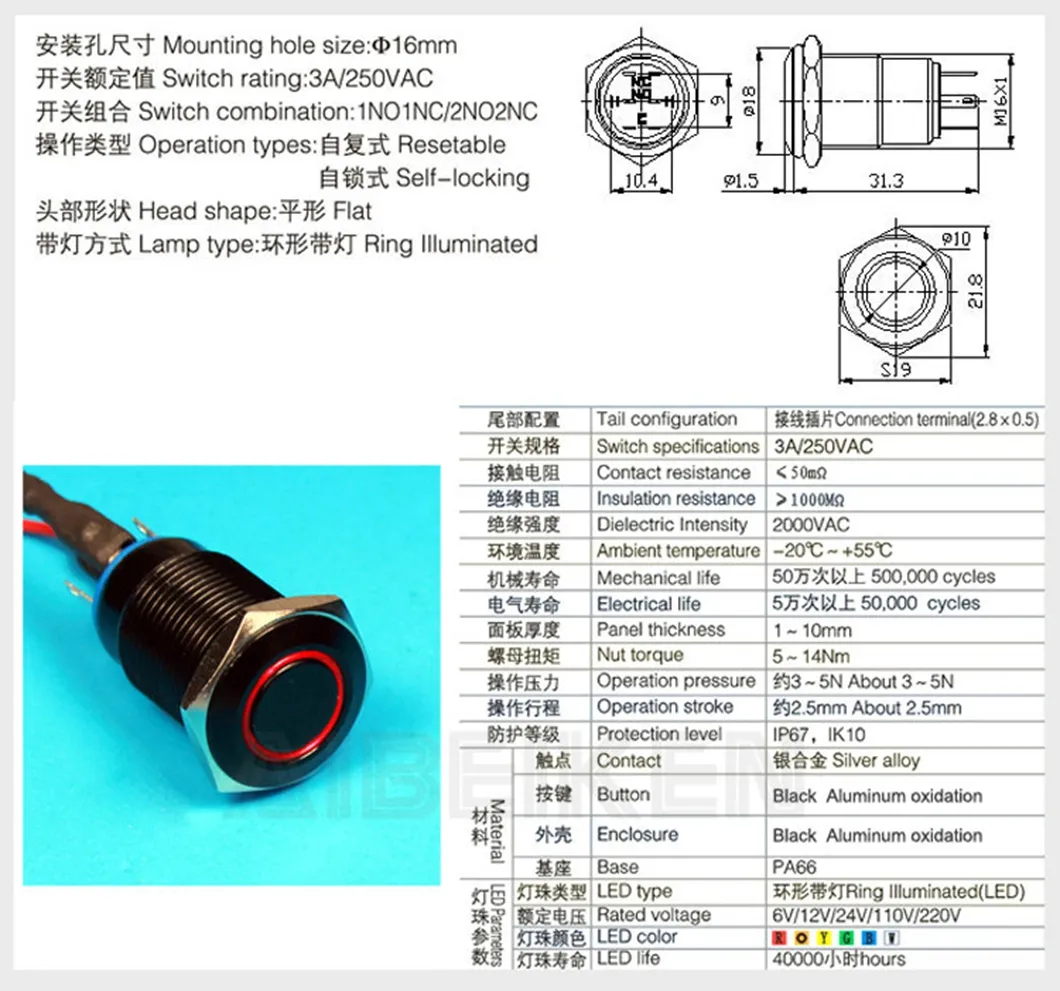 19mmホーンボタンスイッチ12ボルトモーメンタリープッシュボタンスイッチステンレス鋼16mmメタルスイッチ (車とボート用)