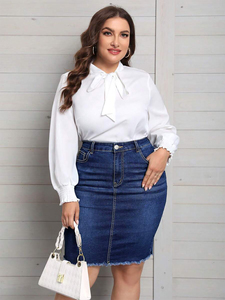 Falda de Mezclilla Azul Oscuro para Mujer Estilo Lápiz Ceñida al Cuerpo con Bordes Deshilachados, de Tiro Alto, Longitud <span class=keywords><strong>Midi</strong></span> a la Rodilla, Estilo Envolvente - Product Image 5