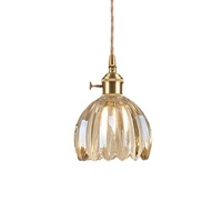 Luminaire suspendu LED réglable en hauteur, style japonais rétro, tout en cuivre, aluminium, verre ambré, petit motif floral, pour chambre, bar, restaurant