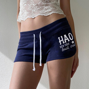 Shorts décontractés taille basse à cordon de serrage, imprimé lettres sportives, color-block, polyvalents et amincissants, avec lien à nouer à la taille - Product Image 3