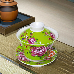 Gaiwan en porcelaine Shin Tai Yuan, motif pivoine vert vif, imprimé par transfert d'eau, origine Taïwan, coffret cadeau - Product Image 5