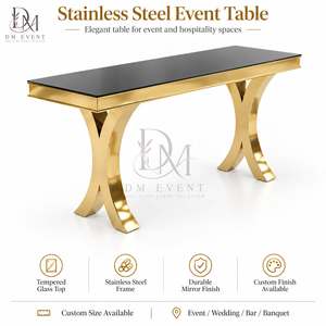 Wholesale Gold Stainless Steel Rectangular Crossed Pedestal Cocktail <b>Table</b> with Mirrored Tempered Glass Top for Hotel Events - Product Image 3