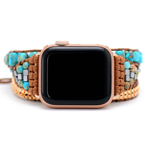 Bracelet Apple Watch 20 mm en tissu perlé tissé turquoise, style bohème, pour Apple Watch - Product Image 3