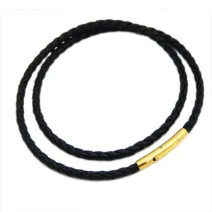 Atacado 3/4/5mm preto tecido genuíno couro de fibra de aço inoxidável fecho corda cadeia colar com logotipo