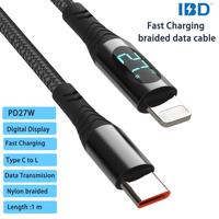 Câble USB Type-C tressé en nylon IBD PD 240W 100W 60W 27W 5A 3A avec affichage LED pour charge rapide et transmission de données pour iOS et ordinateur