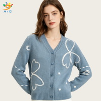 AJB 2026 Cardigan d'hiver en coton et acrylique pour femme, col en V, boutons, broderie de dessin animé, tricoté, manches longues, coupe ample vintage, OEM