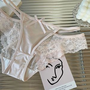 Braguitas de satén rosa con encaje para mujer, de talle medio, elegantes, transpirables, de secado rápido, con tirantes finos y lazo. - Product Image 2