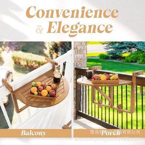 Wooden Balcony Folding <b>Table</b> Semicircular Outdoor Tea Snack Rack <b>Adjustable</b> Storage Shelf - Product Image 2