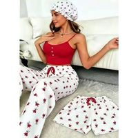 Nouvel ensemble 3 pièces pour femme : pyjama imprimé en polyester sans manches, pantalon long et bonnet de douche