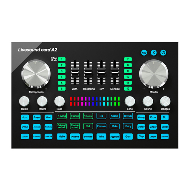 A2 Professional 12-Hour Audio Interface Soundcard with USB 48V 3.5mm Voice Changer for Live Streaming and Youtube Recording