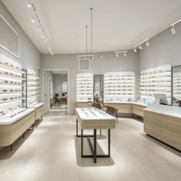 Vitrine optique de luxe sur mesure avec éclairage LED, présentoir à lunettes professionnel, service de design d'intérieur LED pour toute la boutique