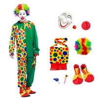 Ensemble de costume de clown unisexe multi-styles avec perruque, nez, masque, chaussures, sifflet – Tenue amusante pour Carnaval, Halloween, fête de cirque, cosplay