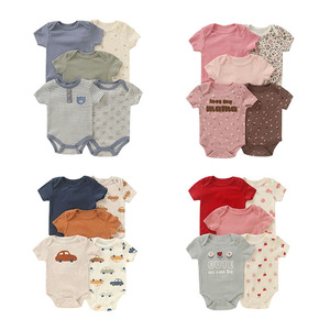 ชุดรอมเปอร์เด็กทารกผ้าฝ้ายนุ่ม 5 ชิ้น แพ็ค ลายพิมพ์หลากหลายแบบ แขนสั้น ชุดจั๊มสูทสำหรับเด็กอ่อน ชุดลำลองใส่บ้าน ชุดรอมเปอร์เด็ก - Product Image 1