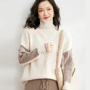 Tricot pour femme, haut d'hiver et d'automne, pull à col montant en laine et cachemire, couleur unie et Pure