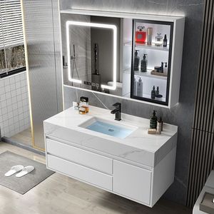 Recién llegado, gabinete de baño de tablero Mdf de madera blanca con encimeras de fregadero, tocadores de baño de maquillaje con luz Led - Product Image 1
