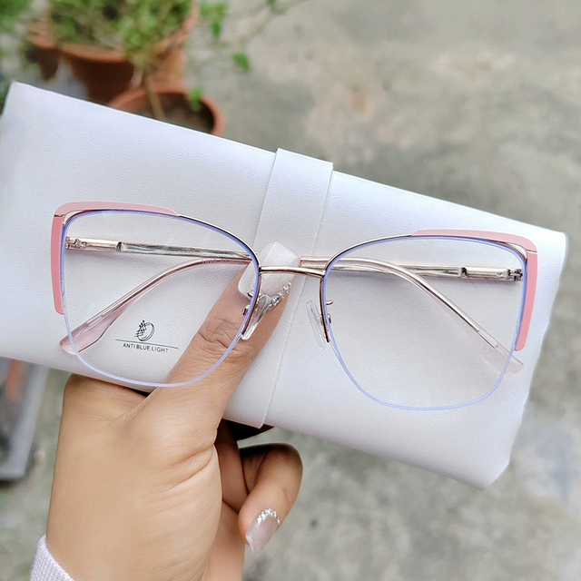 1068 Metal Cat Eye Business Hollow Eyebrow Optical Glasses Retro Women Style Double-Color Pink Gold Frame Anti Blue Light Lens