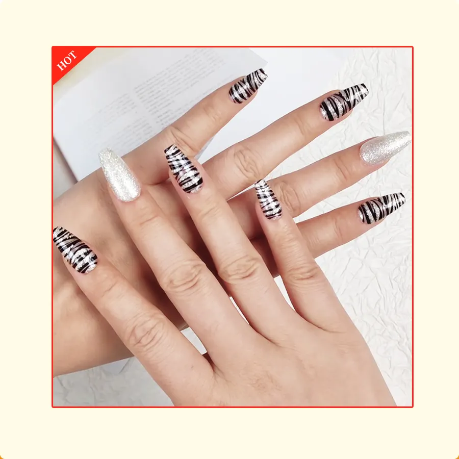 Гламурная тема животных леопард черная линия ногтей с серебряными блестящими ногтями блестящие стильные ногти среднего размера для гроба