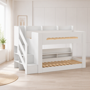 Litera infantil con <span class=keywords><strong>escalera</strong></span> <span class=keywords><strong>de</strong></span> almacenamiento, estantes abiertos integrados y somier <span class=keywords><strong>de</strong></span> madera, litera para dormitorio infantil con librero en blanco - Product Image 3