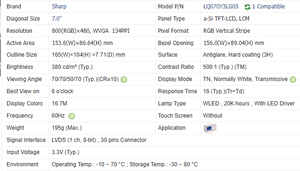 Módulos de Pantalla LCD Industrial Sharp LQ070Y3LG05 de 7 Pulgadas TFT, Resolución 800*480, LVDS 30 Pines, 380nits, con Controlador LED - Product Image 3