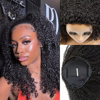 Perruque Sans Colle Prête-à-Porter Mi-Perruque Cheveux Humains Bruts Crépus Bouclés Sans Couture à Rabattre Cordon de Serrage Sans Mèche Sortante Filet Intérieur Respirant