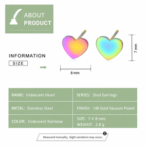 Pendientes de Corazón Iridiscentes con Baño de Oro de 14K sobre Acero Inoxidable, 8 mm, Joyería Minimalista - Product Image 4