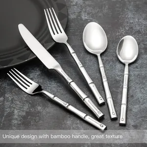 High Quality 5 Piece Bamboo Hand Forged Cutlery Stainless Steel Silver Flatware Set For Wedding