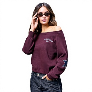 Women's <b>Off</b>-<b>Shoulder</b> Embroidered <b>Sweatshirt</b> Maroon Full Sleeve Star Patch Knitted Oversized Top Autumn Wear - Product Image 1