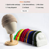 Promotion : Bonnet uni vierge en gros, 100% acrylique, bonnets chauds à revers, bonnet de pêcheur tricoté, chapeau d'hiver