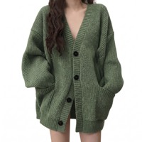 Cardigan en tricot ample à col en V pour femme, couleur unie décontractée mi-longue, collection printemps-automne, vêtements féminins transfrontaliers en gros