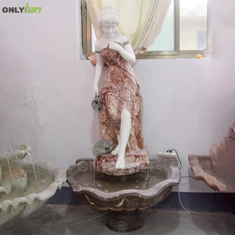 Fuente de agua de jardín de piedra de mármol de colores mezclados para el hogar estatua de mujer con maceta