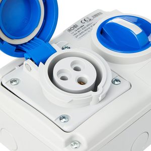 Prise industrielle horizontale Rosi 16A IP67 2P+T en plastique bleu pour extérieur avec couvercle - Product Image 3