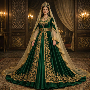 Robe de bal en velours émeraude avec broderie dorée, traîne cathédrale, décolleté cœur, manches longues, longueur ras du sol, coupe naturelle, pour femme enceinte, style vintage - Product Image 1