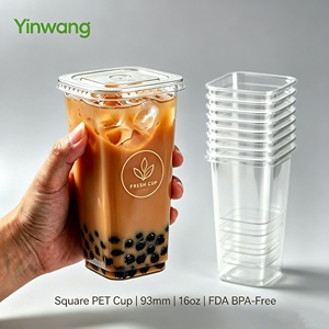 Custom Logo PET Square <strong>Cup</strong> Stackable Boba Tea <strong>Iced</strong> <strong>Coffee</strong> <strong>Cup</strong> with Lid 93mm16oz 20oz 24oz Recyclable Disposable Plastic - Product Image 1