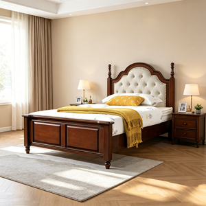 Traditional Mahogany Queen Bed Frame with Upholstered Faux Leather Headboard and Wooden Posts - Product Image 1