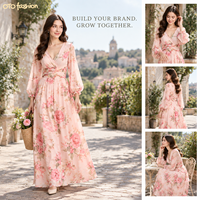 Robe décontractée élégante en mousseline de soie rose à imprimé floral, col en V, manches longues, taille ample, longueur ras du sol, sexy, pour un usage quotidien