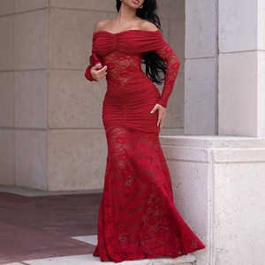 Abito da festa ZHEZHE da donna, estivo, slim fit, sexy, con <span class=keywords><strong>spalle</strong></span> <span class=keywords><strong>scoperte</strong></span>, <span class=keywords><strong>maniche</strong></span> <span class=keywords><strong>lunghe</strong></span>, in pizzo, aderente sui fianchi. - Product Image 3