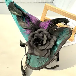 Bandeau d'Halloween en Dentelle Voile de Fleur Noire Chapeau de Sorcière Plumes Violettes Accessoires de Cheveux Fille Bandeau de Fête pour Femme