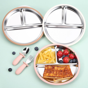 Assiette à dîner en acier inoxydable pour bébé avec ventouse, trois compartiments, pour enfants de 1 à 2 ans, plateau d'alimentation rose, blanc crème, marron boue - Product Image 1