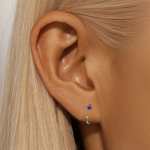 Boucles d'oreilles créoles en argent sterling S925 pour femmes, en forme de C, avec lapis-lazuli rond naturel - Product Image 6