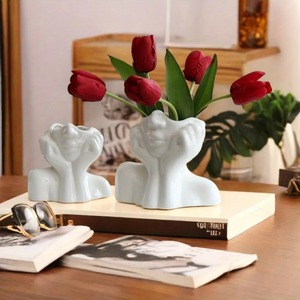 Modern <b>Ceramic</b> Face <b>Vase</b> Sculpture Decor Matte Finish White Black Gold Tabletop Flower Holder 8-16 Inches - Product Image 2